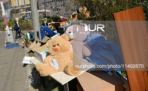 Teddy bears are being placed on the premises of the Ohmatdyt National Specialized Children's Hospital, devastated by the Russian missile att...