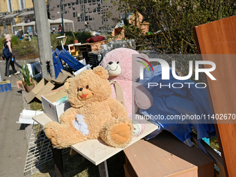 Teddy bears are being placed on the premises of the Ohmatdyt National Specialized Children's Hospital, devastated by the Russian missile att...