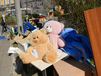 Teddy bears are being placed on the premises of the Ohmatdyt National Specialized Children's Hospital, devastated by the Russian missile att...