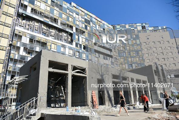 A damaged building is at the Ohmatdyt National Specialized Children's Hospital, devastated by the Russian missile attack on July 8, in Kyiv,...