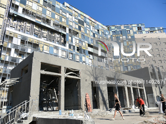 A damaged building is at the Ohmatdyt National Specialized Children's Hospital, devastated by the Russian missile attack on July 8, in Kyiv,...