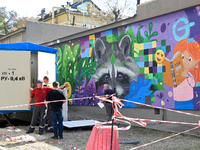 Workers are on the premises of the Ohmatdyt National Specialized Children's Hospital, devastated by the Russian missile attack on July 8, in...