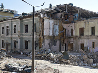 A building destroyed by the Russian missile attack on July 8 is being pictured on the premises of the Ohmatdyt National Specialized Children...