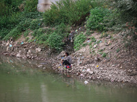 A man is catching fish on the banks of River Jhelum in Srinagar, Jammu and Kashmir, on July 12, 2024. (