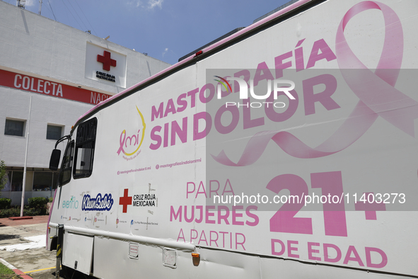 A view is showing the outside of a mobile unit with two clinics and two mastographs in Mexico City, Mexico, as part of the free mastography...