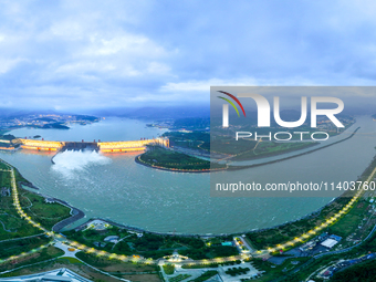 An aerial photo is showing the four holes of the Three Gorges Reservoir discharging flooding water in Yichang, China, on July 12, 2024. (