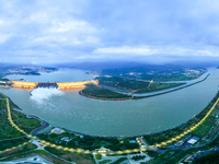 An aerial photo is showing the four holes of the Three Gorges Reservoir discharging flooding water in Yichang, China, on July 12, 2024. (