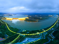 An aerial photo is showing the four holes of the Three Gorges Reservoir discharging flooding water in Yichang, China, on July 12, 2024. (