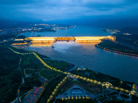 An aerial photo is showing the four holes of the Three Gorges Reservoir discharging flooding water in Yichang, China, on July 12, 2024. (