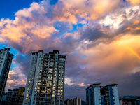 A photo is showing a rainbow over Nanchuan urban area in Chongqing, China, on July 12, 2024. (