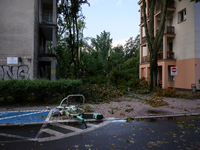 Fallen trees are being seen in the Mokotow district after an overnight storm is hitting Warsaw, Poland, on July 13, 2024. (