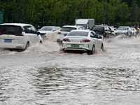 Citizens are traveling on a flooded road in Neijiang, Sichuan province, China, on July 13, 2024. (