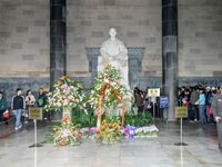 Visitors are worshipping at Sun Zhongshan tombstone in Nanjing, China. (