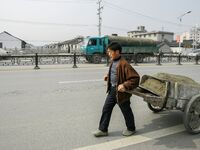 A worker is drawing a handcart in Zhouzhuang town in Suzhou, China. (