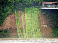 A landslide is occurring near the viewing platform of Mojishan Park on the banks of the Yangtze River in Yichang, Hubei province, China, on...