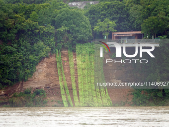 A landslide is occurring near the viewing platform of Mojishan Park on the banks of the Yangtze River in Yichang, Hubei province, China, on...