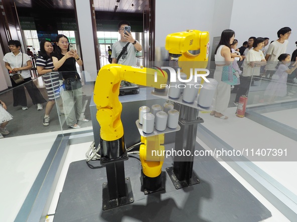 Visitors are visiting a ''six-axis industrial robot'' at the 26th China Beijing International Science and Technology Industry Expo in Beijin...