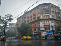 Yellow taxis are waiting at a traffic signal during the heavy rain in Kolkata, India, on July 14, 2024. (