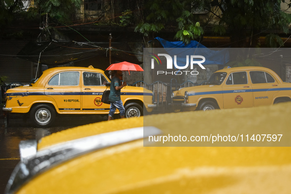 A person is holding an umbrella while walking on a street during the rainy weather in Kolkata, India, on July 14, 2024. 