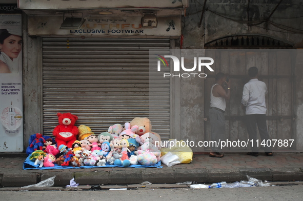 People are selling soft toys on the roadside in Kolkata, India, on July 14, 2024. 