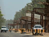 Construction is taking place for a new flyover for a highway extension in Najibabad, Uttar Pradesh, India, on April 19, 2024. (