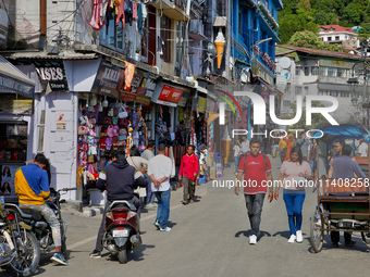 Traffic is moving along Mall Road in Mussoorie, Uttarakhand, India, on April 18, 2024. (