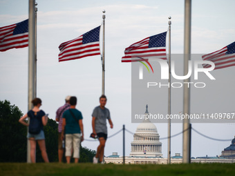 American flags by Washington Monument in Washington, DC in the United States of America on July 9th, 2024. (