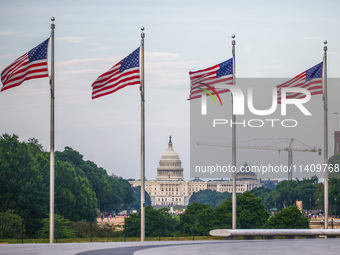 A view on the U.S. Capitol building and American flags by Washington Monument in Washington, DC in the United States of America on July 9th,...