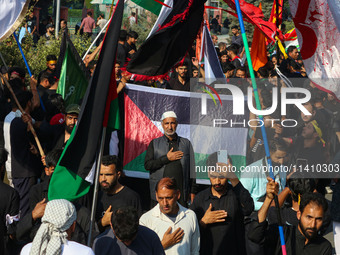 Kashmiri Shiite Muslim mourners are taking part in a Muharram procession on the eighth day of Ashura in Srinagar, Jammu and Kashmir, on July...