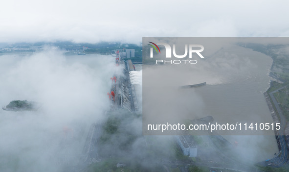 Nine holes are opening to release flood water from the Three Gorges Reservoir in Yichang, Hubei province, China, on July 14, 2024. 