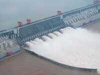 Nine holes are opening to release flood water from the Three Gorges Reservoir in Yichang, Hubei province, China, on July 14, 2024. (