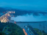 Nine holes are opening to release flood water from the Three Gorges Reservoir in Yichang, Hubei province, China, on July 14, 2024. (