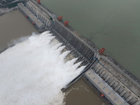 Nine holes are opening to release flood water from the Three Gorges Reservoir in Yichang, Hubei province, China, on July 14, 2024. (