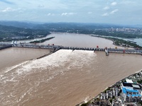 The Gezhouba Dam Water Conservancy Key project of the Yangtze River is opening to release floodwater in Yichang, Hubei province, China, on J...