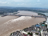 The Gezhouba Dam Water Conservancy Key project of the Yangtze River is opening to release floodwater in Yichang, Hubei province, China, on J...