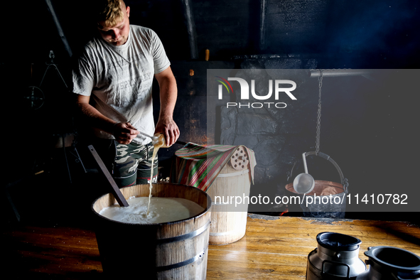 Piotr, son of Baca Krzysztof Las (a traditional Polish Carpathian mountains shepherd) prepares sheep milk to make cheese in Traditional wood...