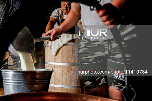 Baca Krzysztof Las (a traditional Polish Carpathian mountains shepherd) and his son prepares sheep milk to make cheese in Traditional wooden...