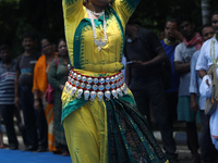 An artist is performing on the last day of the week-long celebration of Rath Yatra, or chariot procession, in Kolkata, India, on July 15, 20...