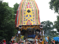 Artists are performing on the last day of the week-long celebration of Rath Yatra, or chariot procession, in Kolkata, India, on July 15, 202...