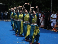 Artists are performing on the last day of the week-long celebration of Rath Yatra, or chariot procession, in Kolkata, India, on July 15, 202...