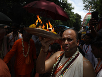 A Hindu priest is worshipping the idol of Lord Jagannath on the last day of the week-long celebration of Rath Yatra, or chariot procession,...