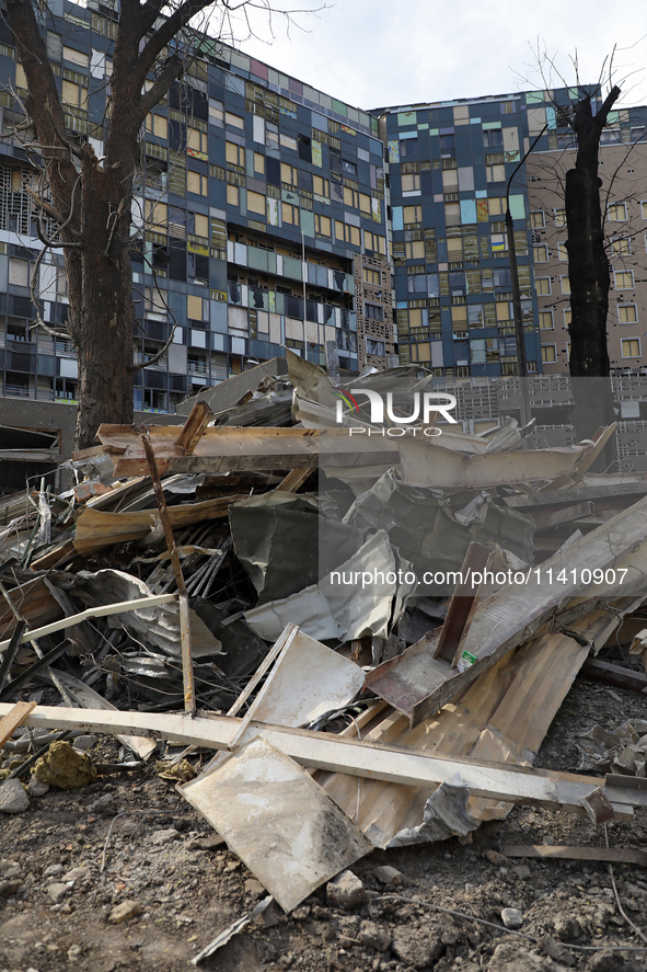 The piles of rubble are lying on the premises of the Ohmatdyt National Specialized Children's Hospital, damaged by the Russian missile attac...