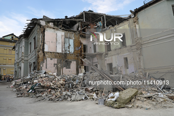 A building is being destroyed by the Russian missile attack on the Ohmatdyt National Specialized Children's Hospital in Kyiv, Ukraine, on Ju...