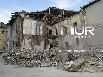 A building is being destroyed by the Russian missile attack on the Ohmatdyt National Specialized Children's Hospital in Kyiv, Ukraine, on Ju...