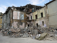 A building is being destroyed by the Russian missile attack on the Ohmatdyt National Specialized Children's Hospital in Kyiv, Ukraine, on Ju...