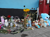 Toys and vigil lanterns are commemorating those killed by the Russian missile attack on the Ohmatdyt National Specialized Children's Hospita...