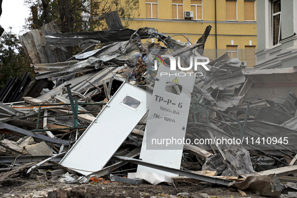 The piles of rubble are lying on the premises of the Ohmatdyt National Specialized Children's Hospital, damaged by the Russian missile attac...