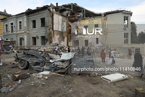 A building is being destroyed by the Russian missile attack on the Ohmatdyt National Specialized Children's Hospital in Kyiv, Ukraine, on Ju...