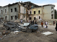 A building is being destroyed by the Russian missile attack on the Ohmatdyt National Specialized Children's Hospital in Kyiv, Ukraine, on Ju...