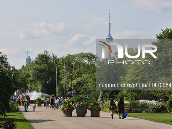 The CN Tower is appearing above the treetops from Centre Island in Toronto, Ontario, Canada, on July 13, 2024. (